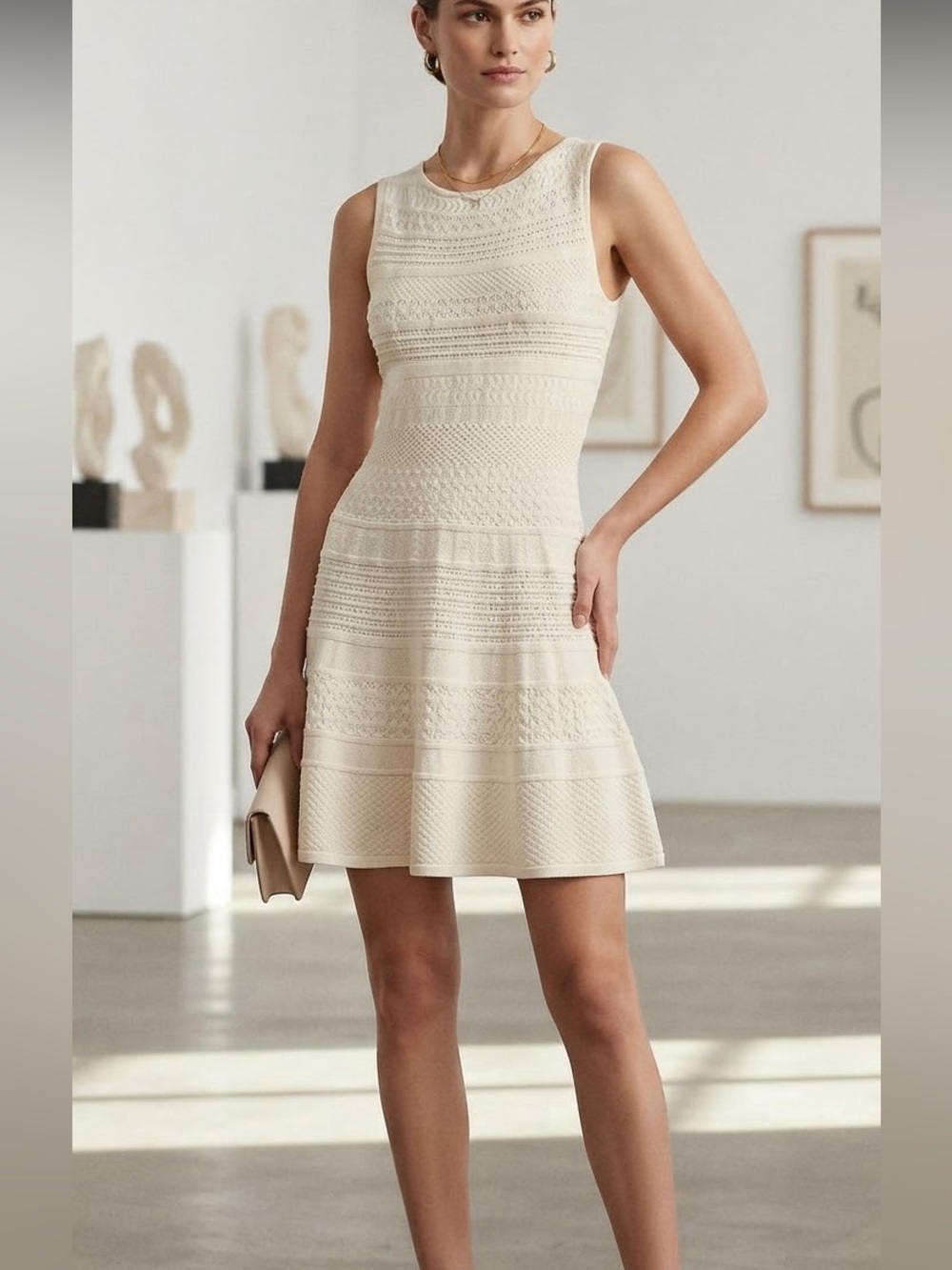 Ralph Lauren Cream Knit Sleeveless Fit-and-Flare Mini Dress